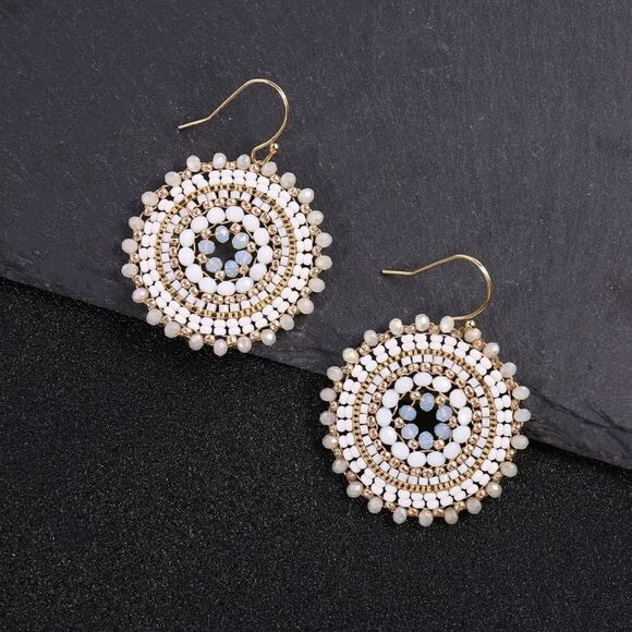 White and Gold Beaded Crystal Round Disc Boho Statement Dangling Hook Earrings - Picture 3 of 6